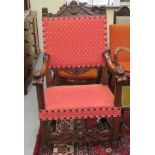 A late 19thC Continental, carved walnut framed throne chair,