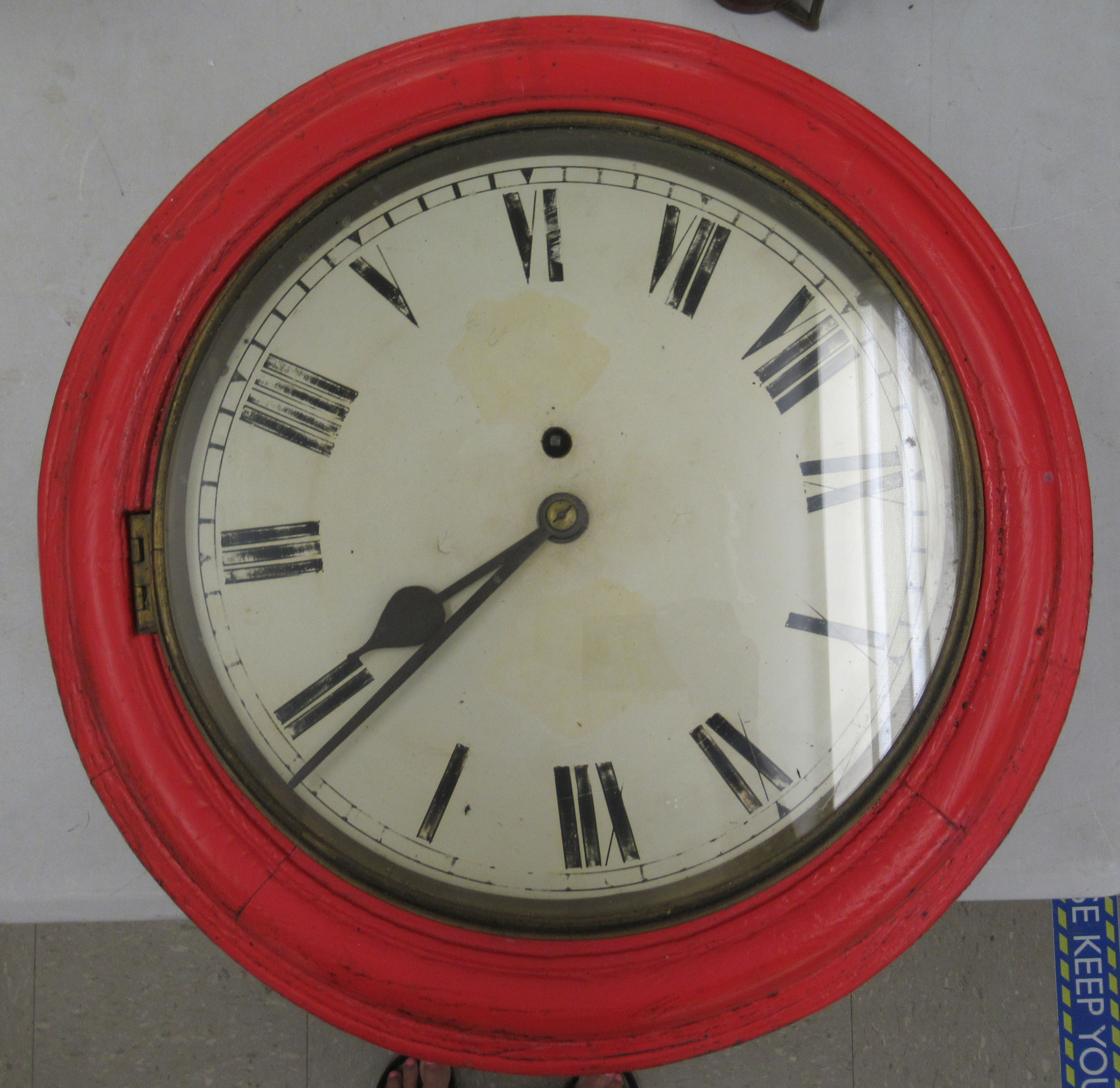 A late 19thC red painted wooden cased Post Office timepiece; the single fusee movement,