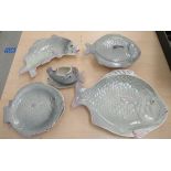 A Shorter & Son grey and red china fish service comprising four place settings with servers