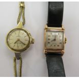 A lady's Omega rolled gold cased wristwatch, faced by a baton dial; and a 9ct gold cased Roamer,
