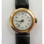 A lady's 20thC Omega 9ct gold cased wristwatch, faced by an Arabic dial,