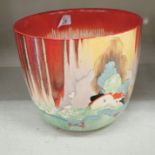 A Clarice Cliff pottery jardiniere (AF) decorated in the Forest Glen pattern 8''h OS1