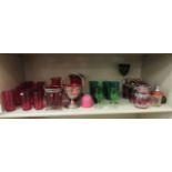 Decorative domestic glassware: to include ten similar cranberry glass beakers;