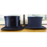 A Dunn & Co black silk top hat approx size 7; and a Scott & Co black opera hat size 7.
