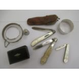 Small collectables: to include a folding fruit knife with a silver blade and mother-of-pearl clad