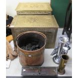 Hearth related items: to include: two mid 20thC pressed brass coal boxes 14''h 20''w BSR