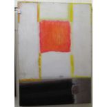 Attributed to Dennis Hawkins - untitled abstract oil on board bears a paper label & inscribed