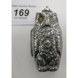 A silver plated novelty sovereign and half sovereign case, fashioned as a standing owl,