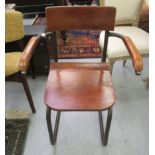 A 'vintage' design tubular framed desk chair with stitched tan coloured hide bar back,