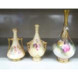 Three Royal Worcester blush ivory glazed china vases: to include one decorated with yellow and pink