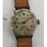 A 1940s Elbon silver cased wristwatch, inscribed 'War' on the back, faced by an Arabic dial,