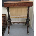 A late Victorian burr walnut and mahogany sewing table, the hinged lid enclosing a fitted interior,