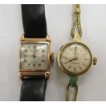 A lady's Omega rolled gold cased wristwatch, faced by a baton dial; and a 9ct gold cased Roamer,