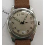 A 1940s Cyma military style stainless steel cased wristwatch, the movement with sweeping seconds,