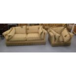 A modern two person settee with a low back and level scrolled arms,