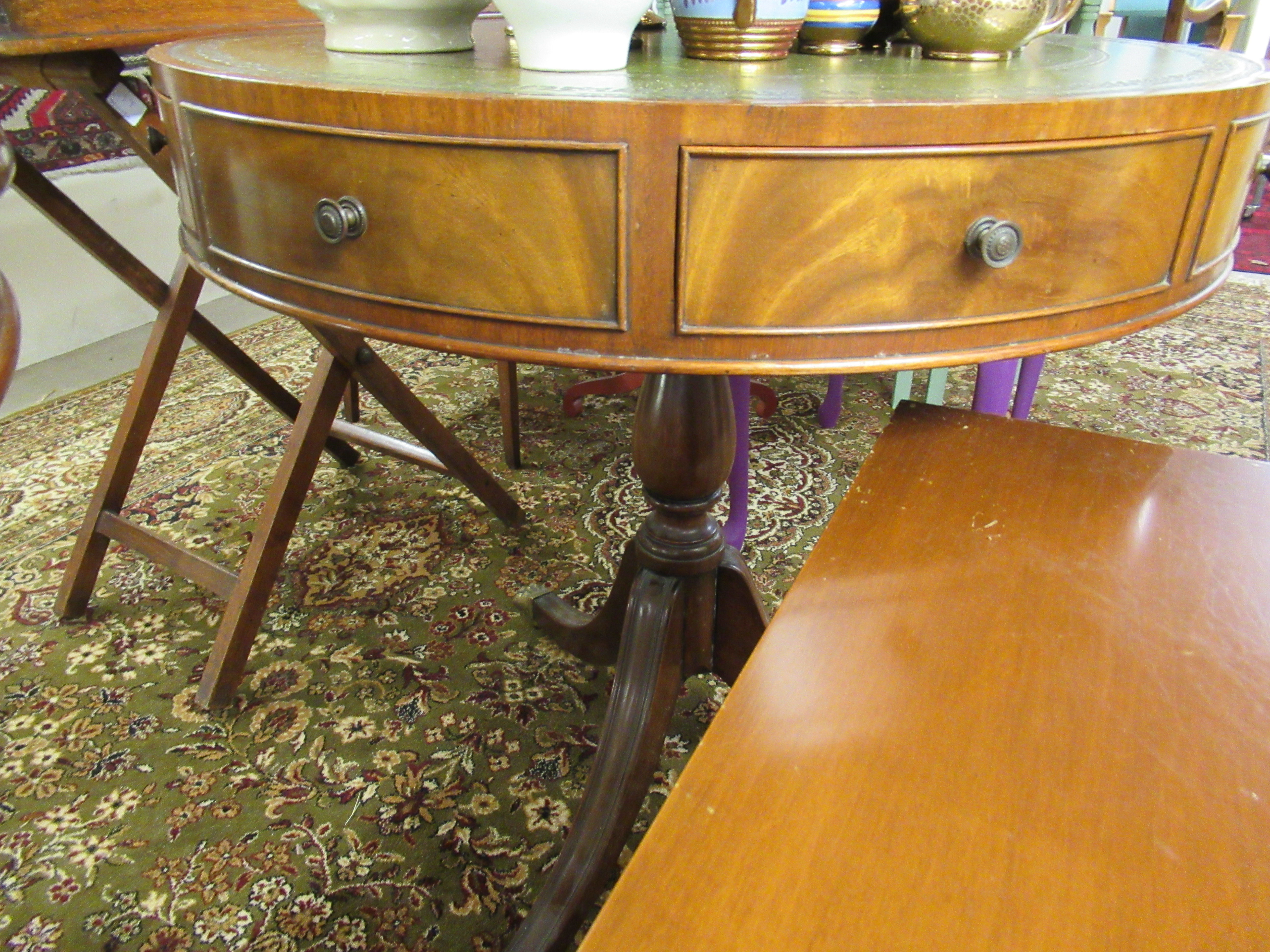 A modern Regency style mahogany drum table, the top set with a tooled green hide scriber, - Image 2 of 3