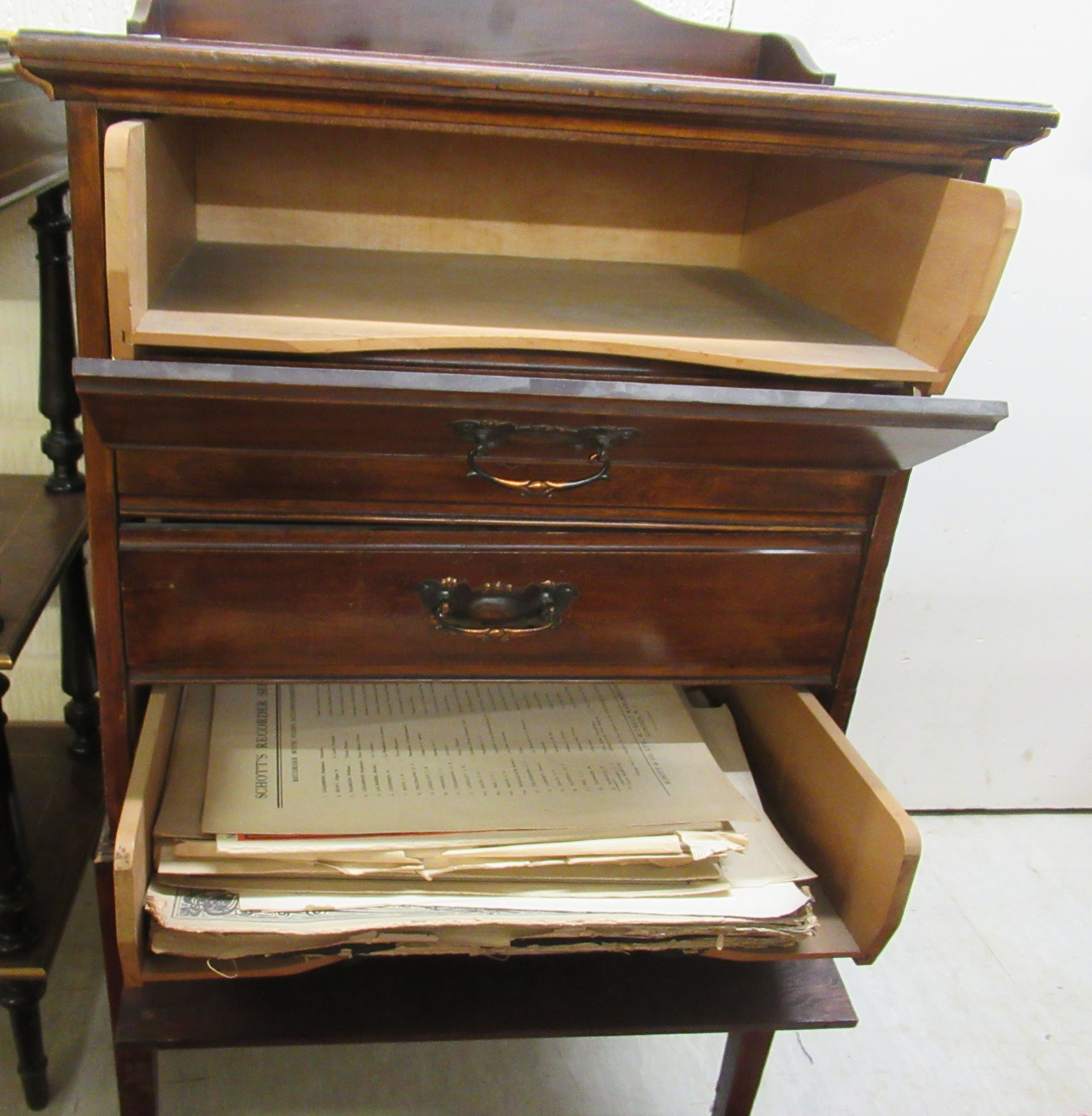 An Edwardian mahogany music cabinet with four fall front drawers, raised on square, - Image 3 of 3