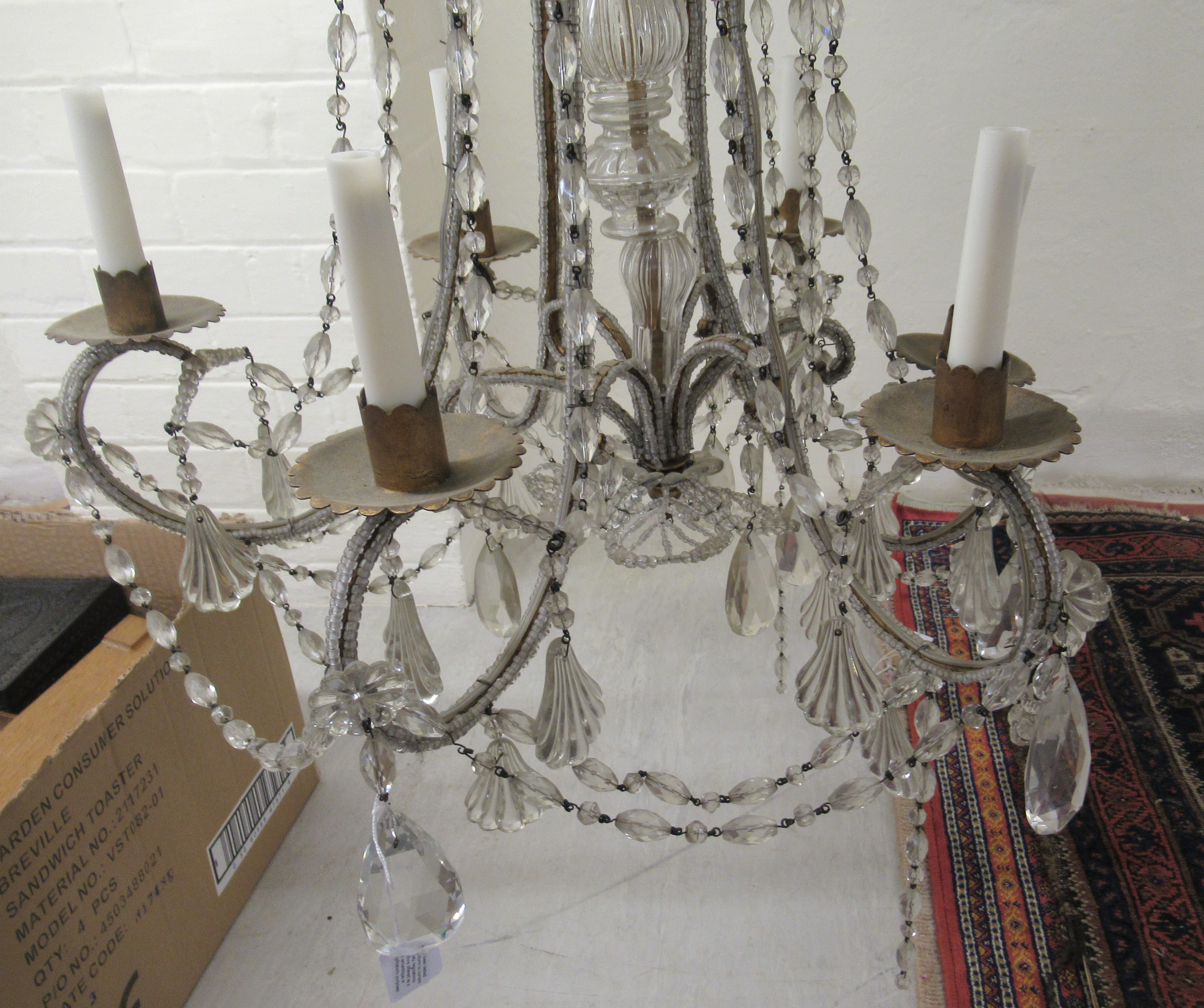 A Continental cut crystal bead and pendant six branch chandelier with candle style fittings approx. - Image 3 of 5