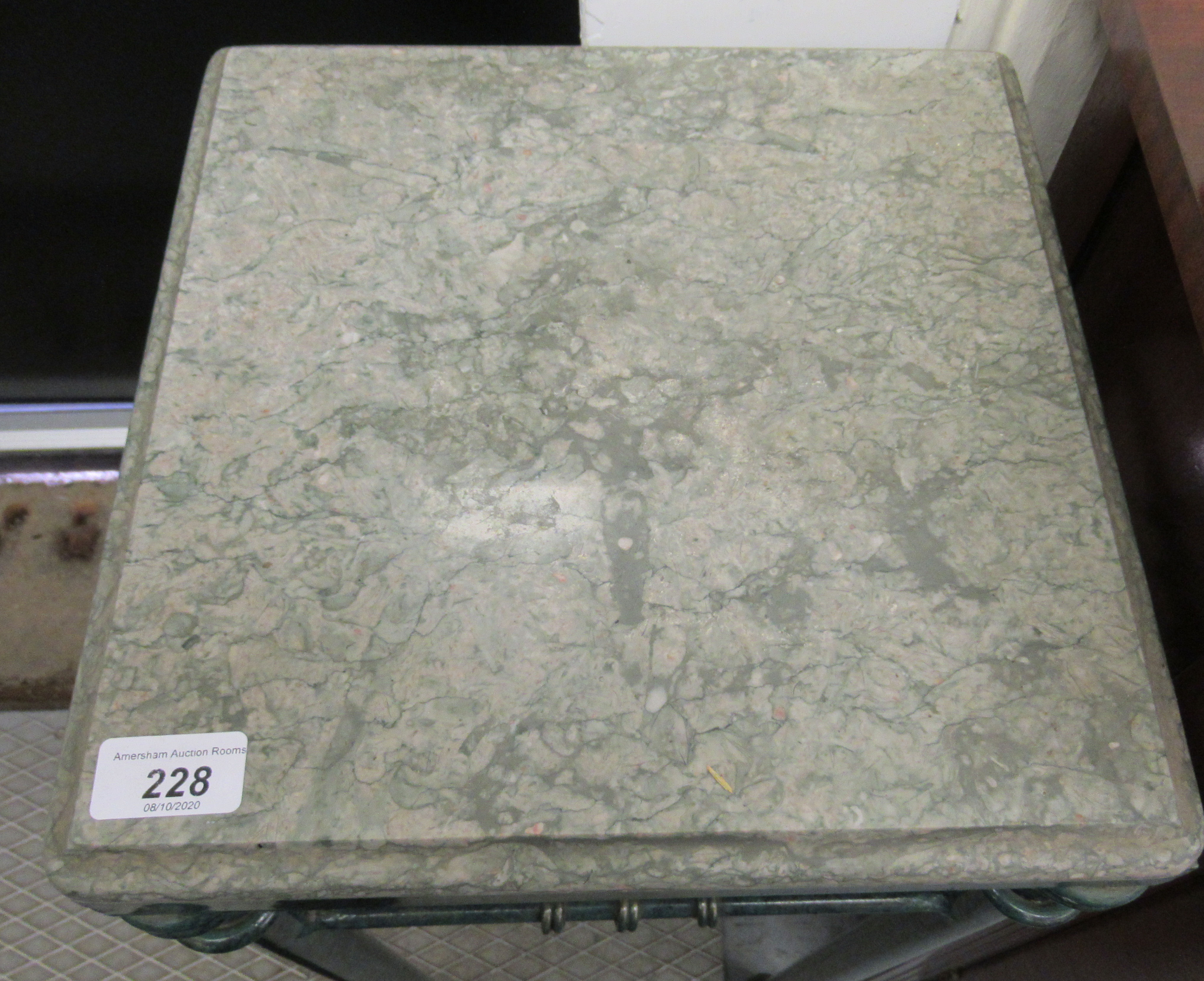 A modern mottled green tubular iron framed conservatory pedestal with a marbled top 33''h 12''sq - Image 2 of 2