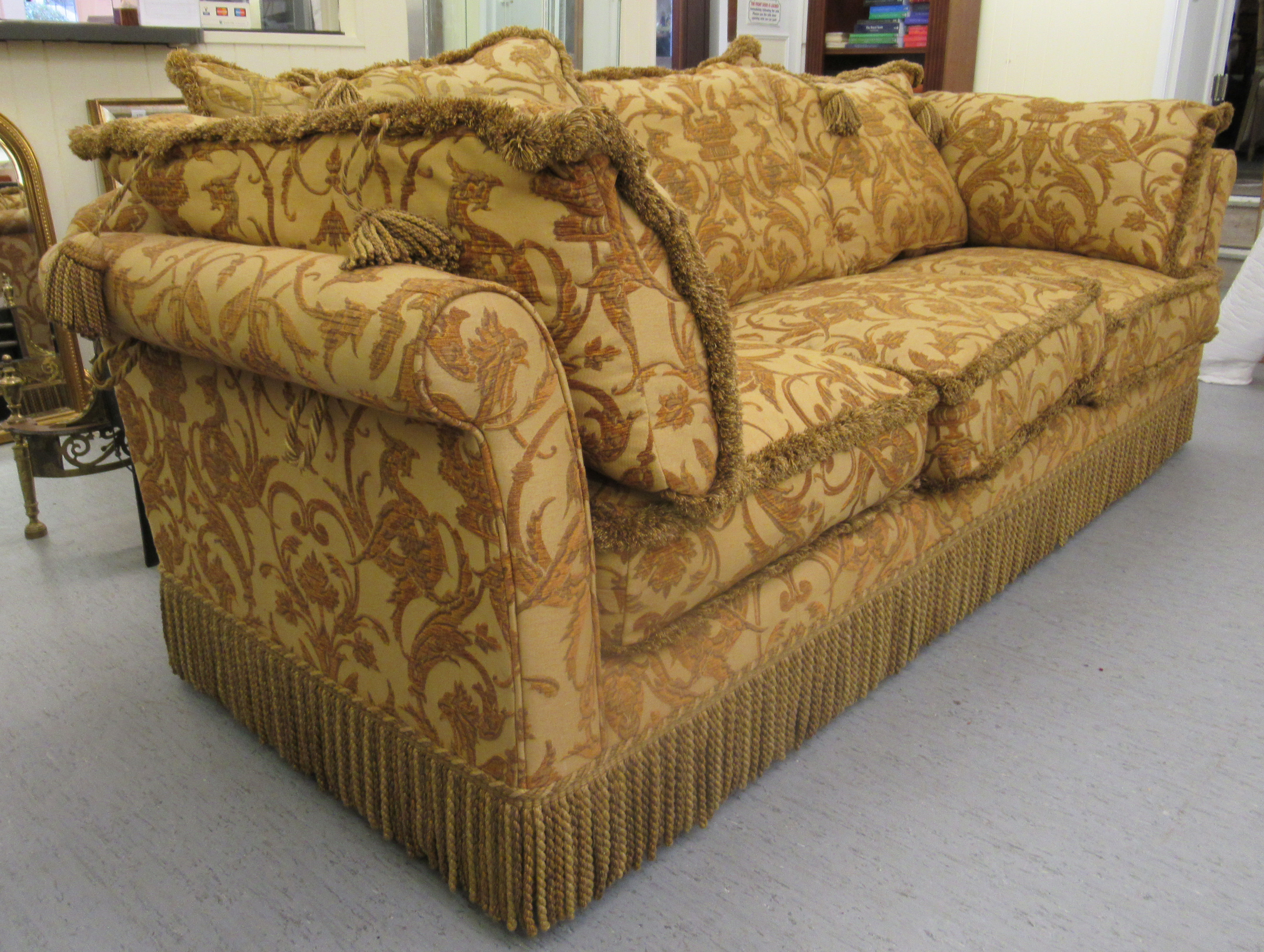 A modern three person settee with a low back and level, scrolled arms, - Image 4 of 4