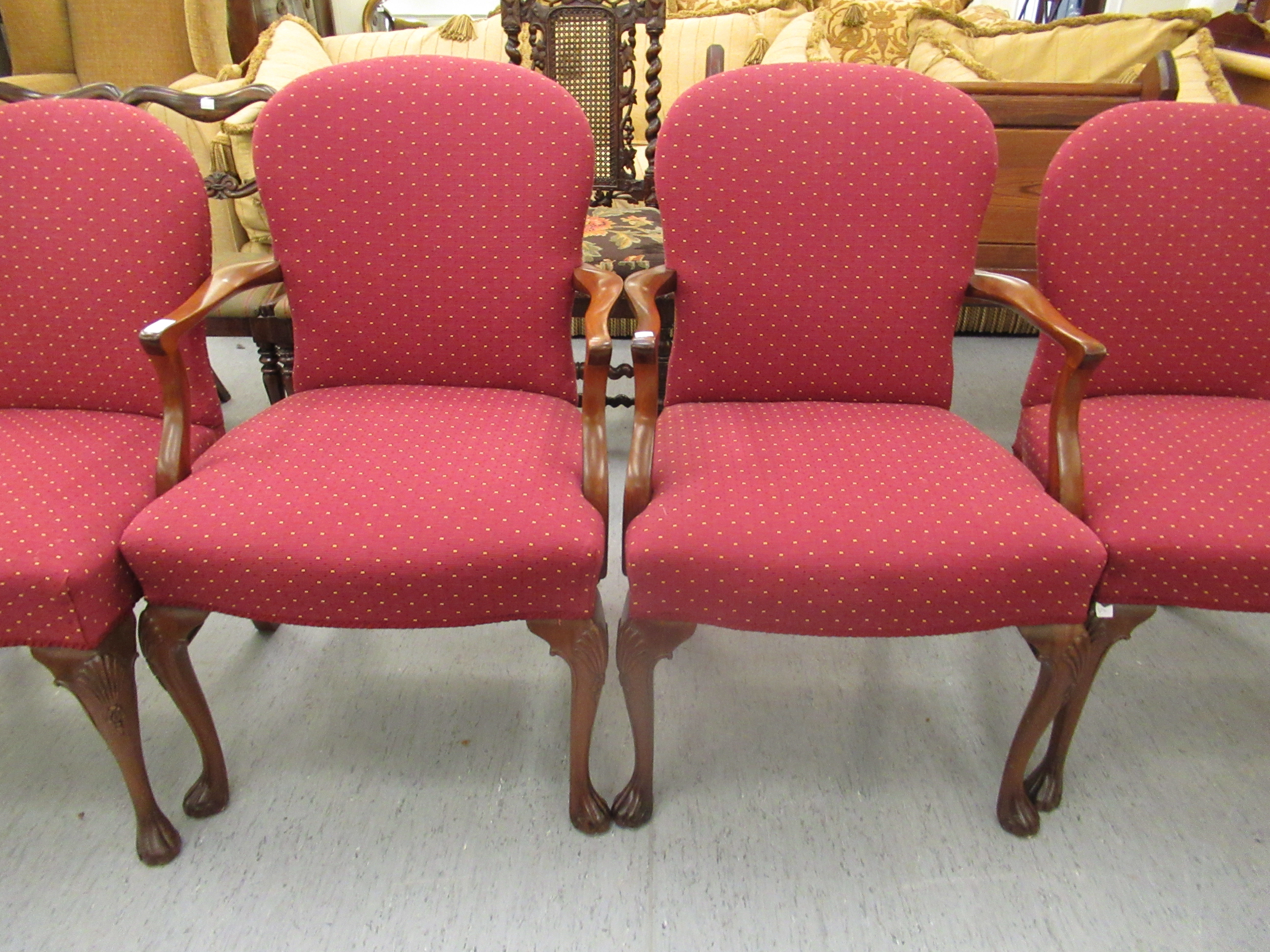 A pair of 20thC mahogany framed, open arm chairs, - Image 2 of 3