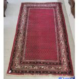 A Persian rug, decorated with small repeating designs, bordered by stylised foliage,