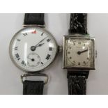 A 1950s lady's Movado square, stainless steel cased wristwatch, faced by an Arabic dial, on a brown,