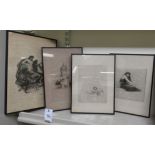 Four late 19th/early 20thC framed etchings: to include a study of a seated maiden drypoint bears