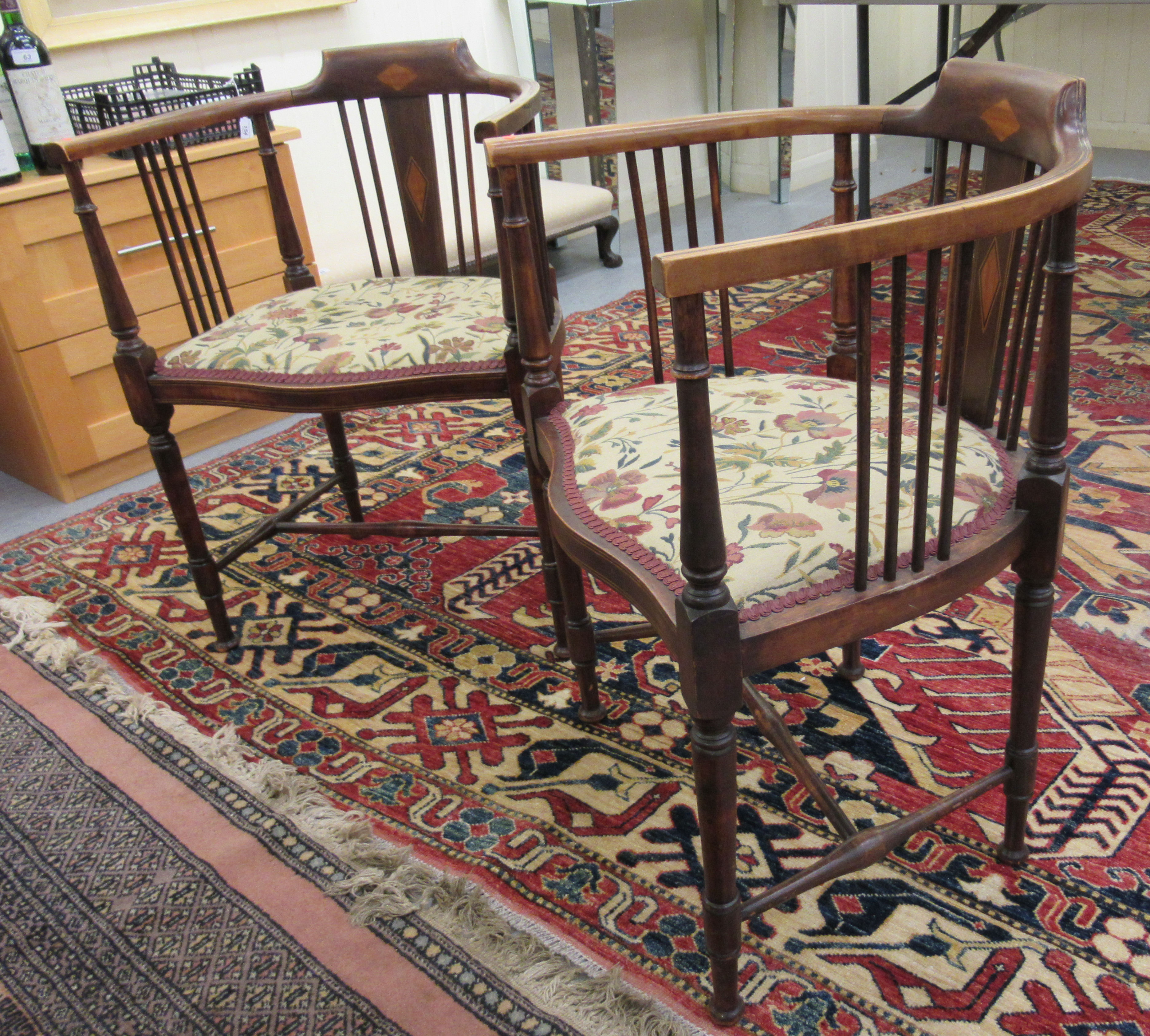 A pair of Edwardian satinwood inlaid mahogany horseshoe shaped salon chairs, - Image 2 of 4