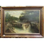 20thC (possibly) British School - two men fishing in a stream with woodland beyond oil on canvas