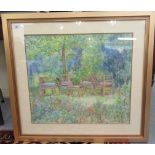 Sue Kavanagh - an empty garden scene watercolour bears a pencil signature 23'' x 21'' framed