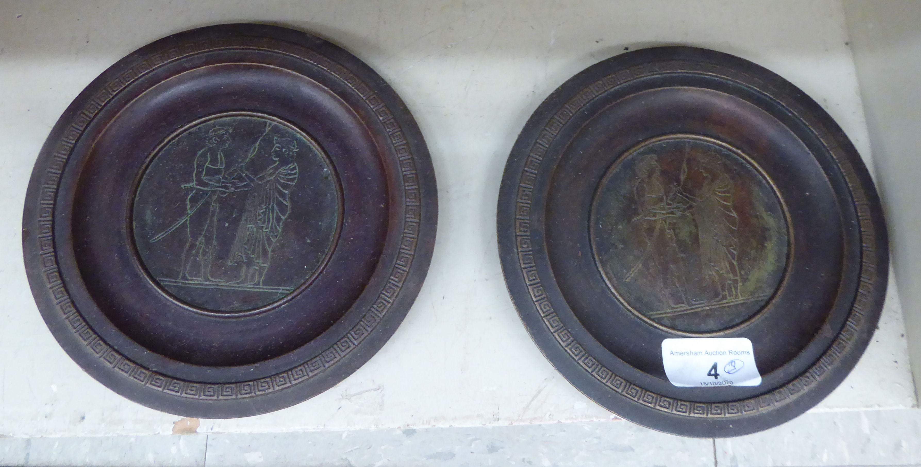 Metalware: to include a pair of 'antique' effect bronze plaques, depicting Greek figures 6. - Image 2 of 4