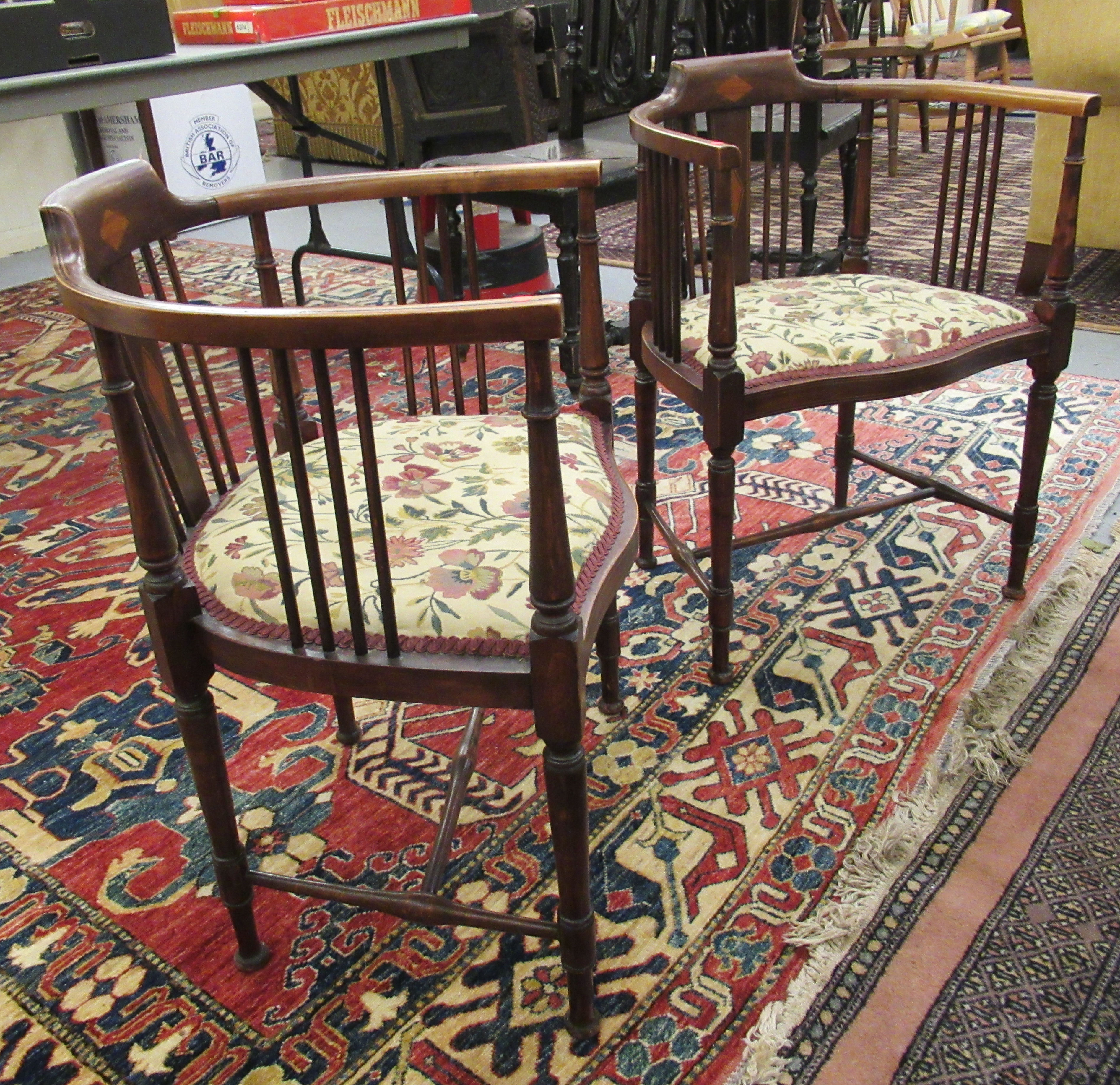 A pair of Edwardian satinwood inlaid mahogany horseshoe shaped salon chairs, - Image 3 of 4