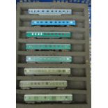 Eight N gauge model railway Continental passenger coaches CA