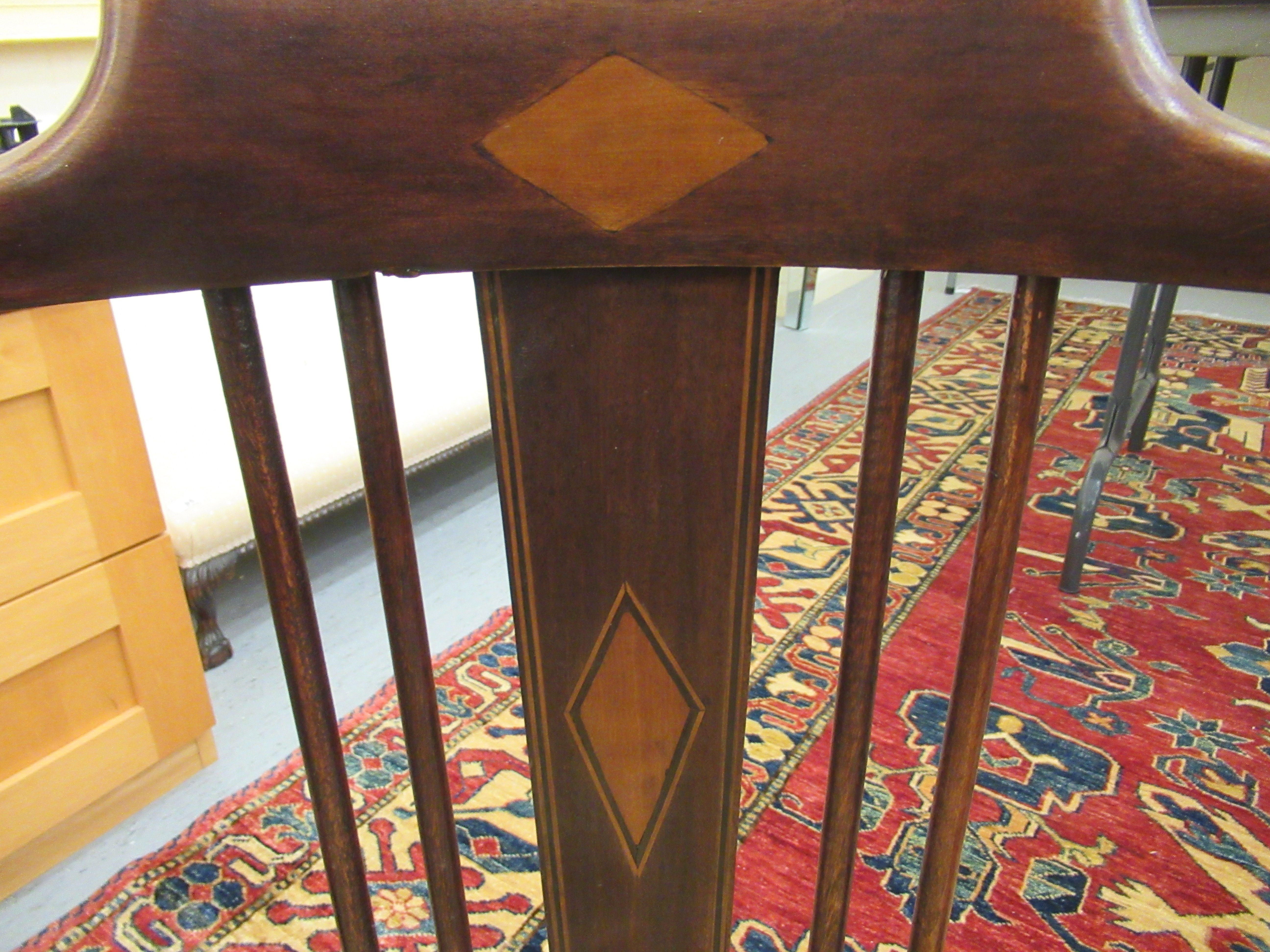 A pair of Edwardian satinwood inlaid mahogany horseshoe shaped salon chairs, - Image 4 of 4