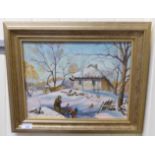 Modern Russian School - a farmyard landscape in winter oil on canvas bears an indistinct