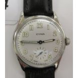 A 1950 Cyma stainless steel cased wristwatch, faced by an Arabic dial,