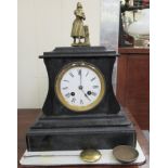 A late Victorian black slate cased mantel clock;
