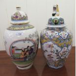 Two modern china vases, one decorated in Flemish design,