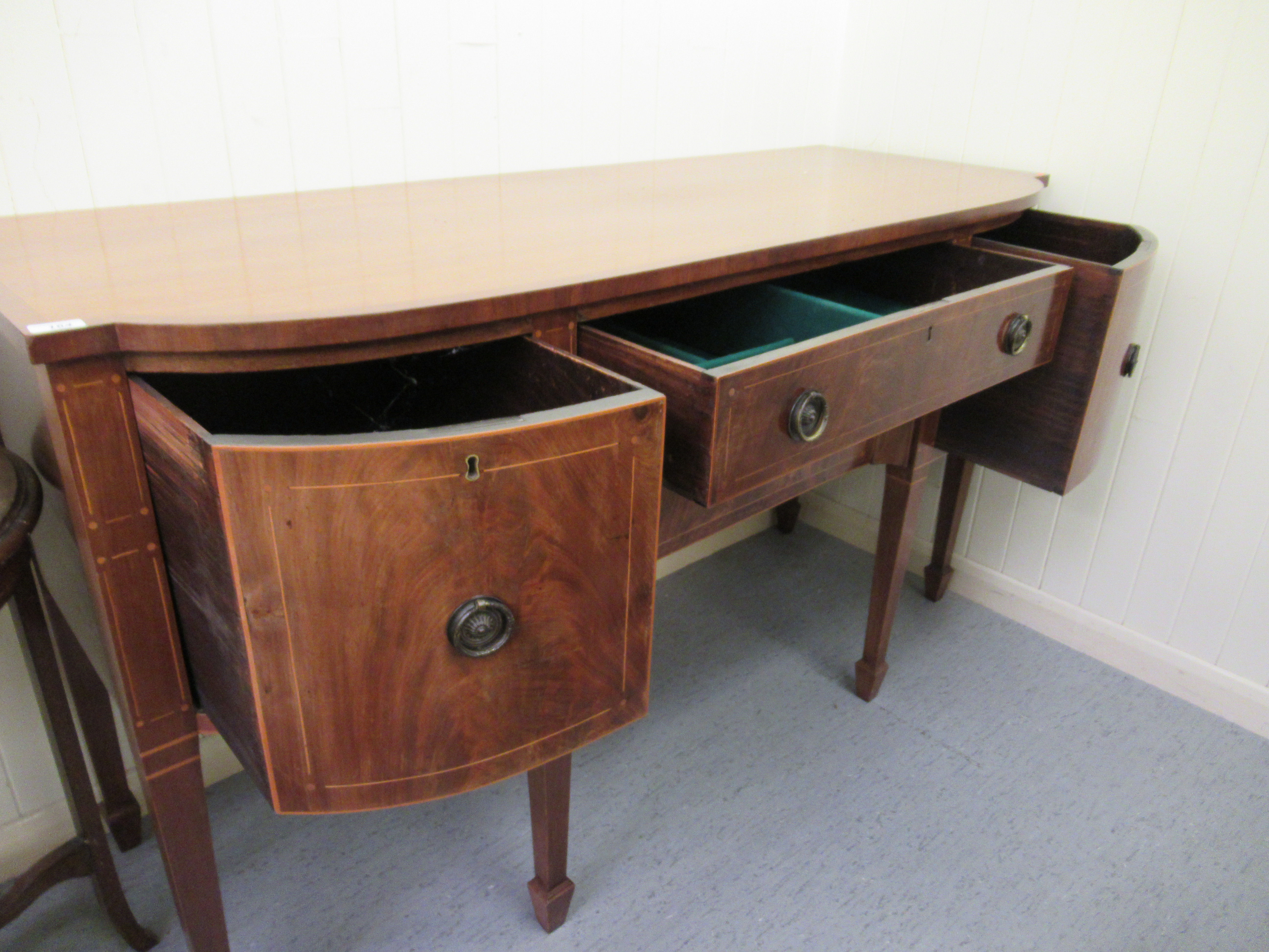 A late 19thC Georgian design satinwood inlaid mahogany breakfront sideboard, - Image 2 of 3