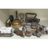 Late 19th/early 20thC iron objects of domestic purpose: to include flat irons;