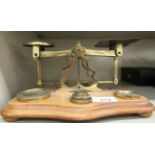 Late Victorian/Edwardian brass balance design postal scales with tablet weights,