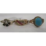 Three 9ct gold rings, variously set with turquoise, diamonds,