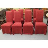 A set of eight modern, high back dining chairs with patterned,