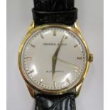 A Universal 18ct gold cased automatic wristwatch, faced by a white baton dial,