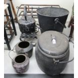 19th/early 20thC artisan domestic iron items: to include a tapered bucket; a range kettle;
