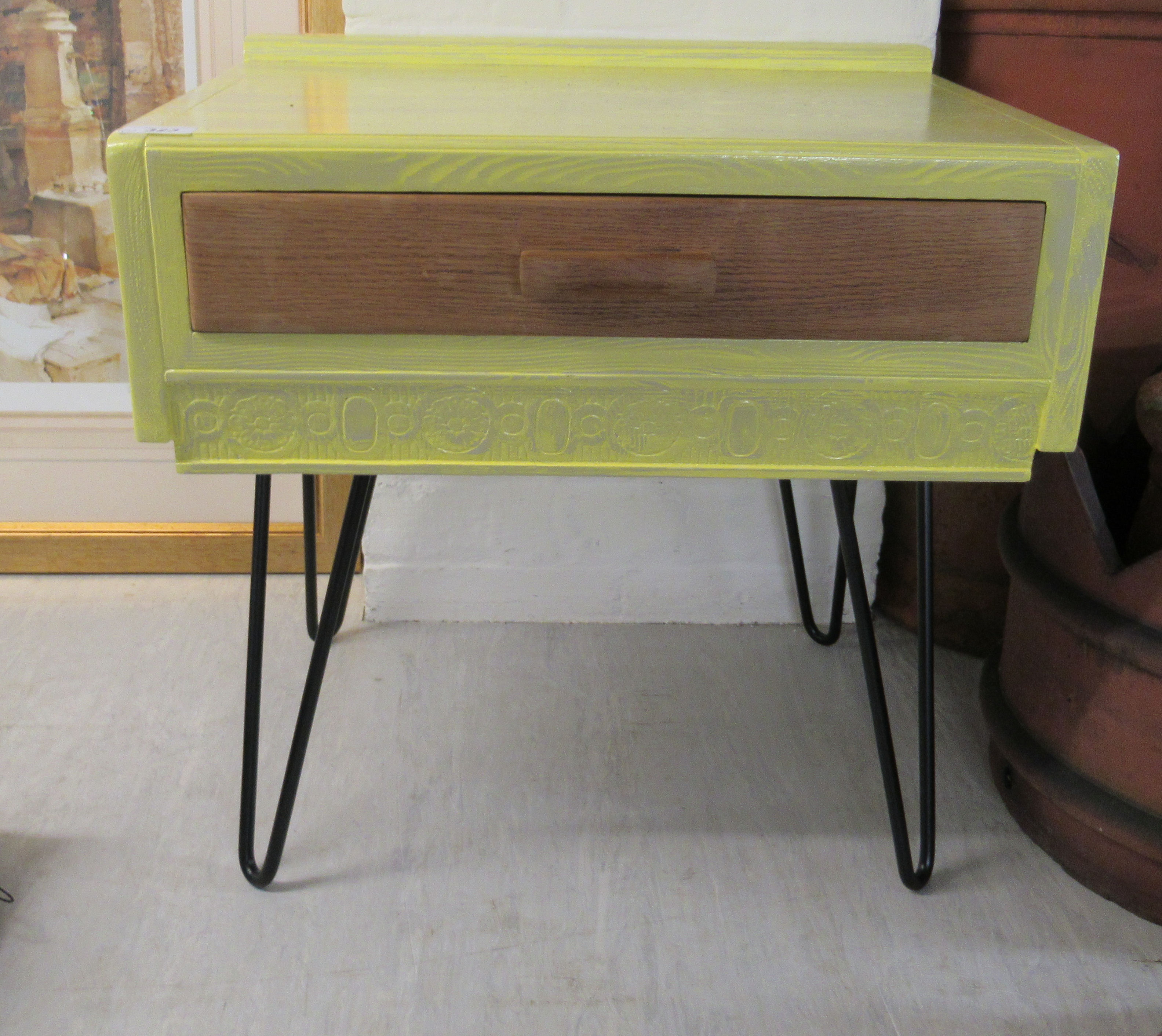 A lime green wash painted bedside cupboard, raised on tubular legs 20''h 20. - Image 2 of 2