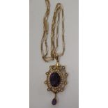 A late Victorian 15ct gold amethyst and seed pearl pendant,