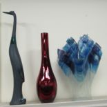 A maroon lustre glass tapered vase 17''h; a blue/green glass handkerchief vase 16''h;