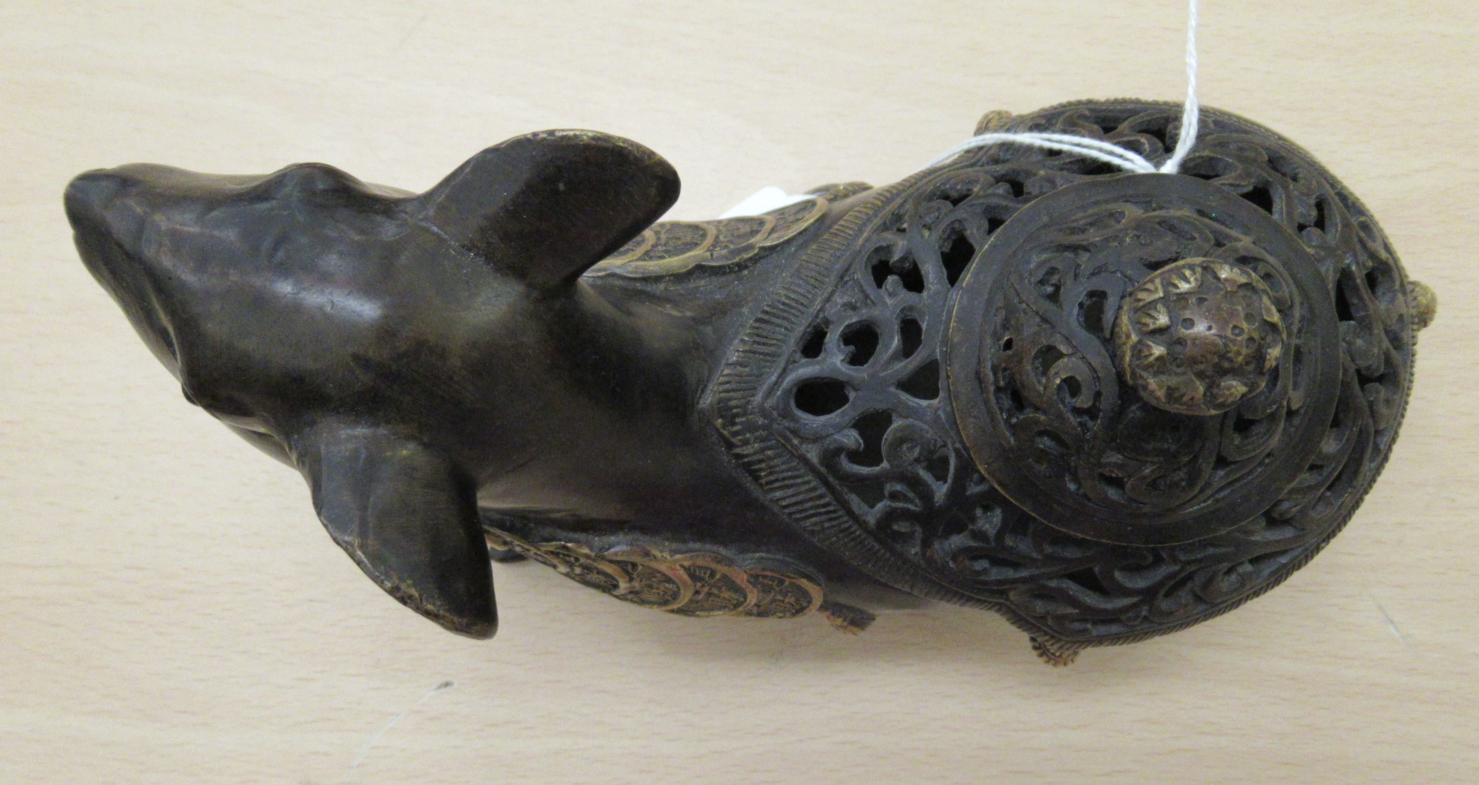 An Oriental cast and patinated and part gilded censer and cover, fashioned as a seated rodent, - Image 3 of 5